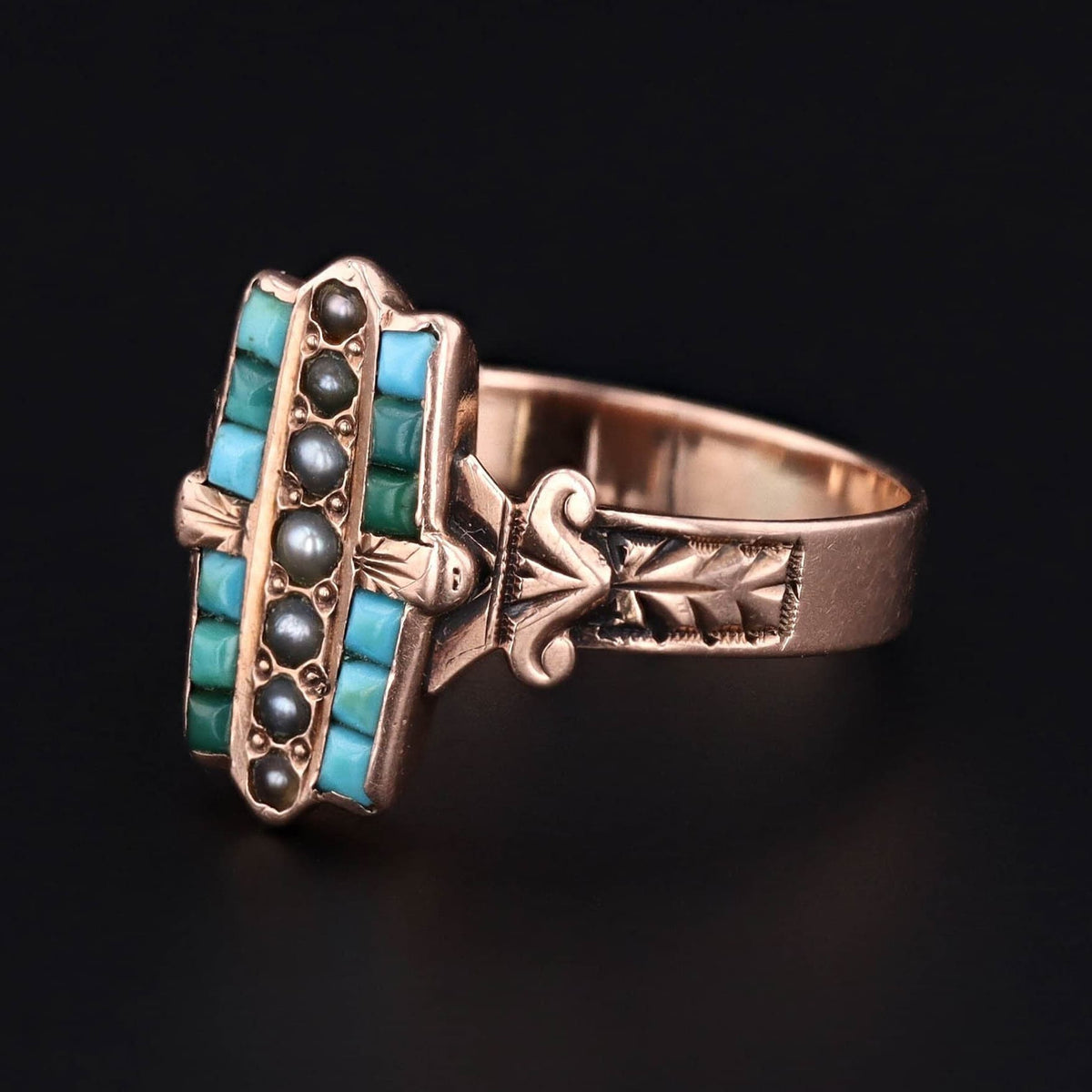 Turquoise Ring | 10k Gold, Turquoise &amp; Pearl Ring - Trademark Antiques