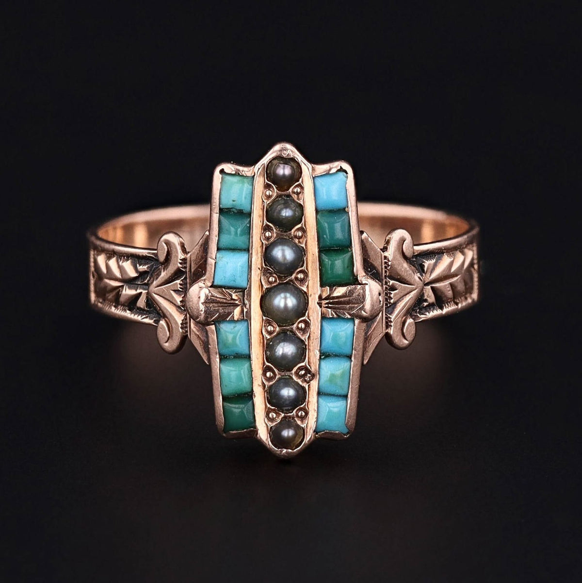 Turquoise Ring | 10k Gold, Turquoise &amp; Pearl Ring - Trademark Antiques
