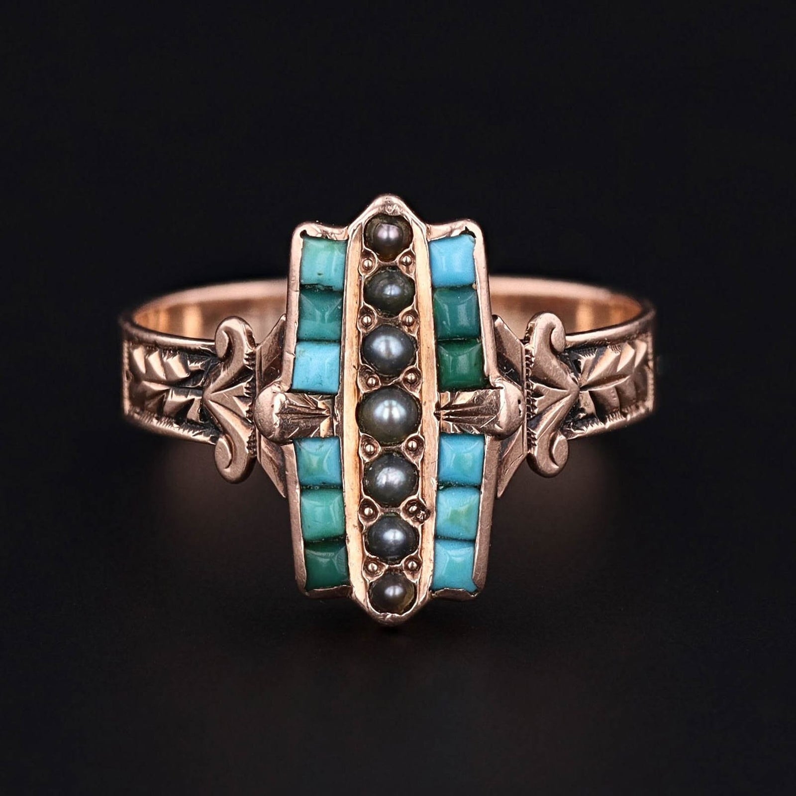 Turquoise Ring | 10k Gold, Turquoise & Pearl Ring - Trademark Antiques