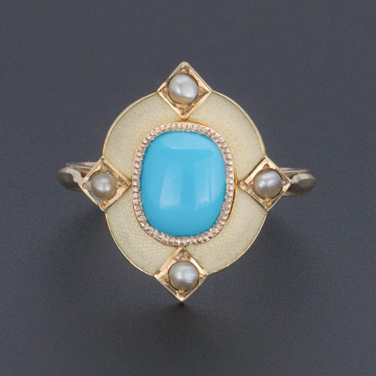 Turquoise &amp; White Enamel Ring | Gold Ring - Trademark Antiques