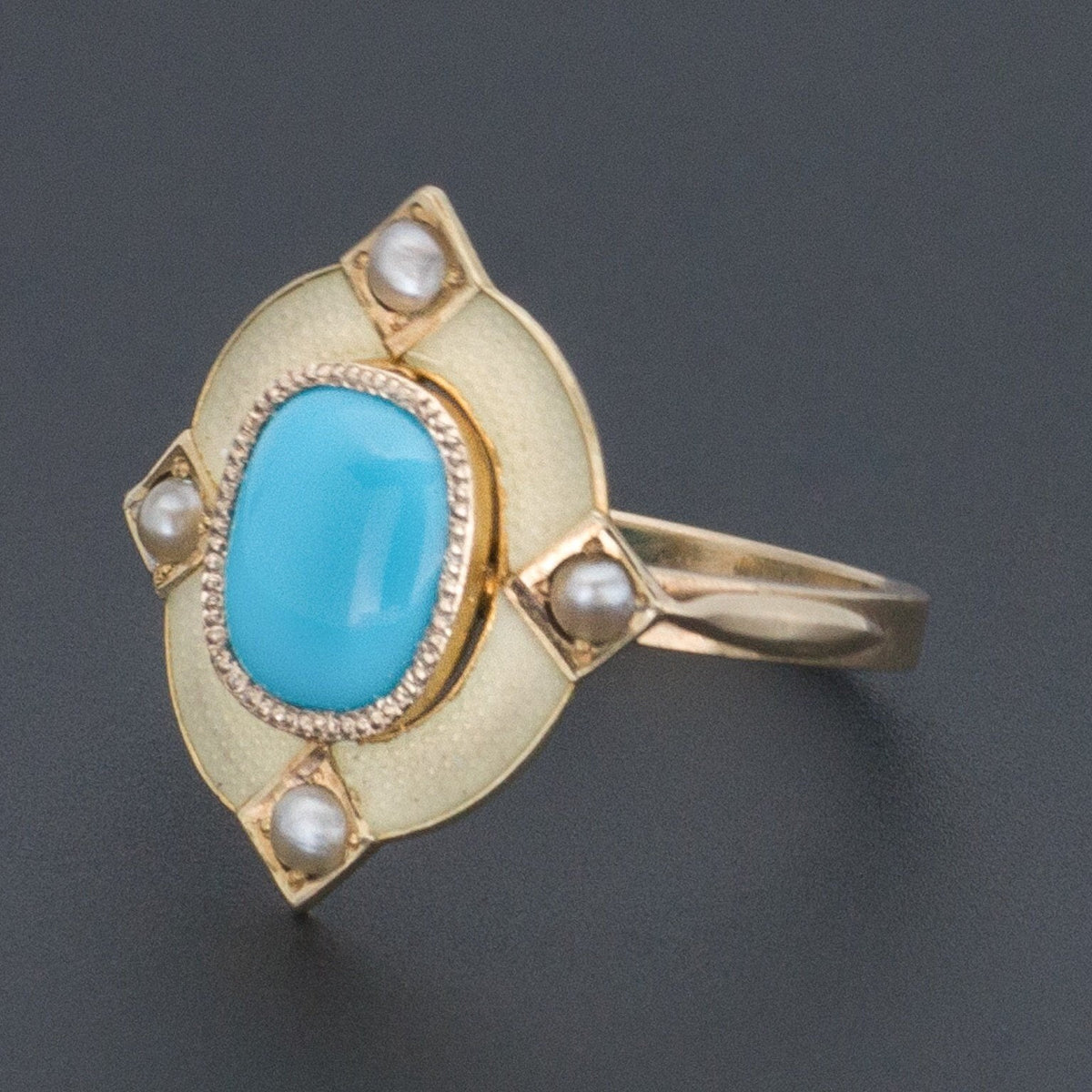 Turquoise &amp; White Enamel Ring | Gold Ring - Trademark Antiques