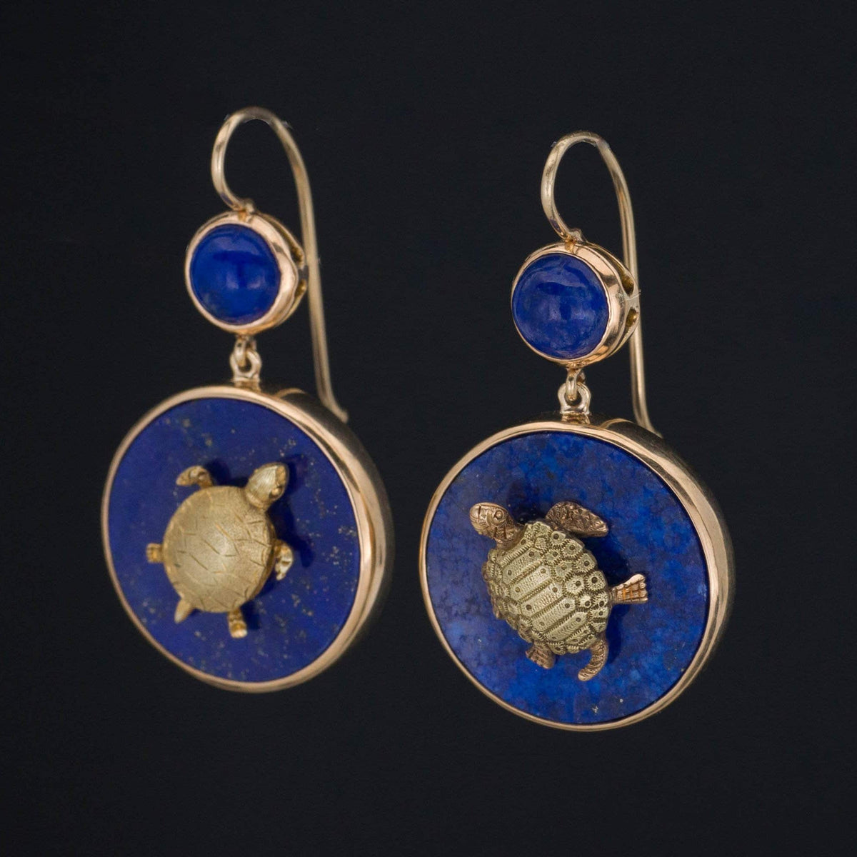 Turtle Earrings | 14k Gold &amp; Lapis Turtle Earrings - Trademark Antiques
