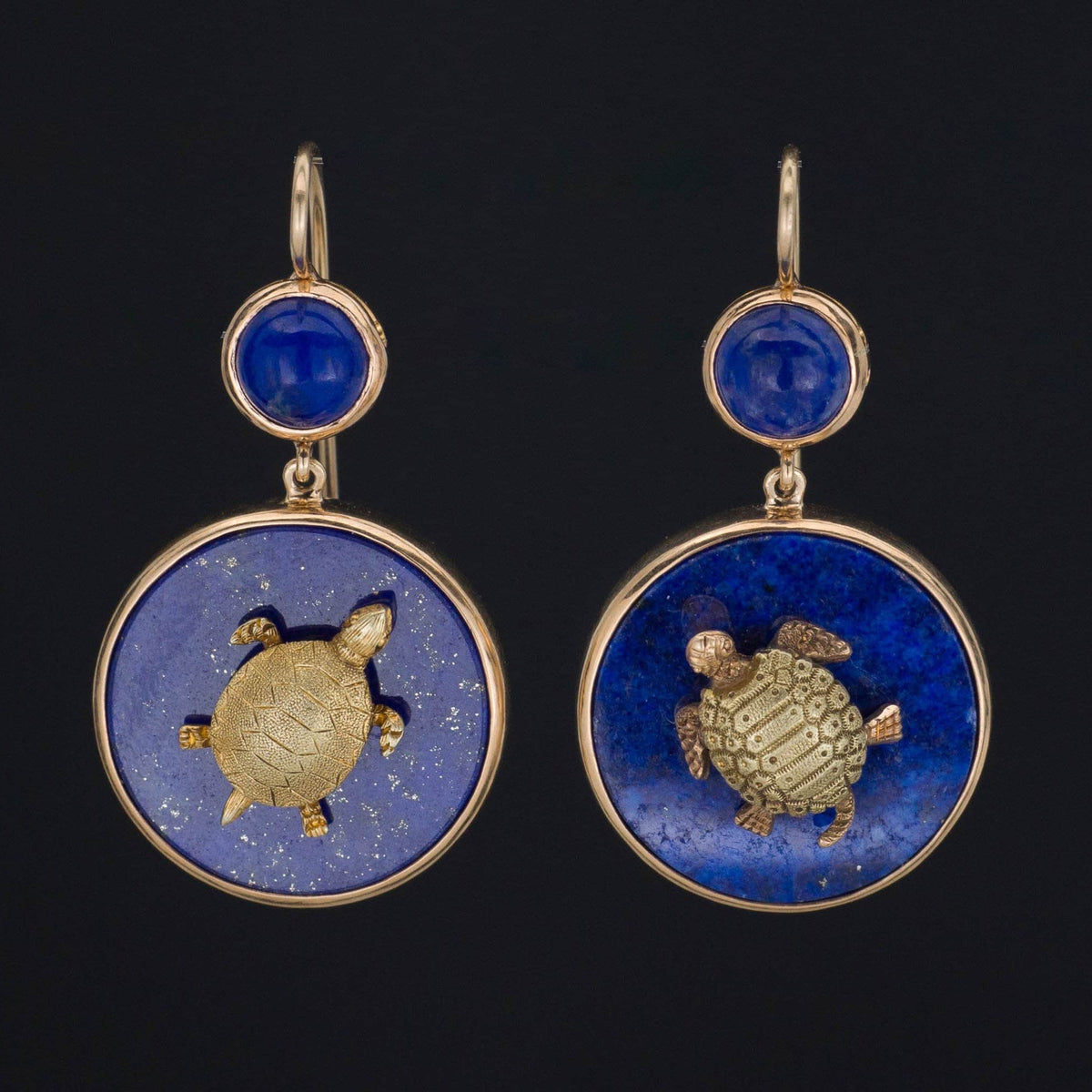 Turtle Earrings | 14k Gold &amp; Lapis Turtle Earrings - Trademark Antiques