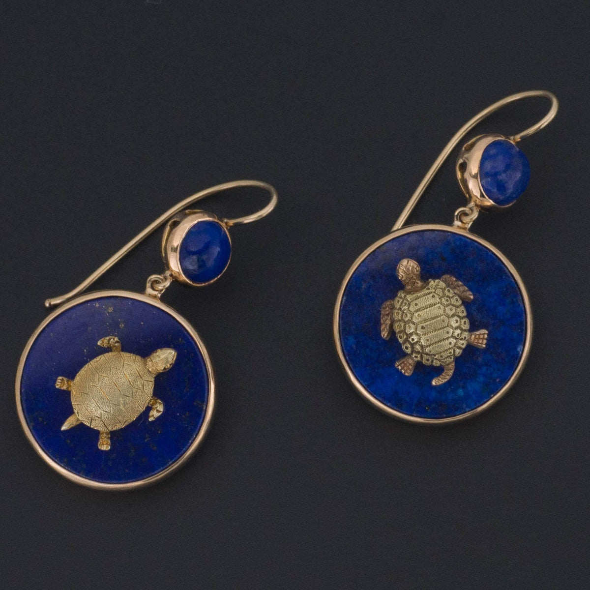 Turtle Earrings | 14k Gold &amp; Lapis Turtle Earrings - Trademark Antiques