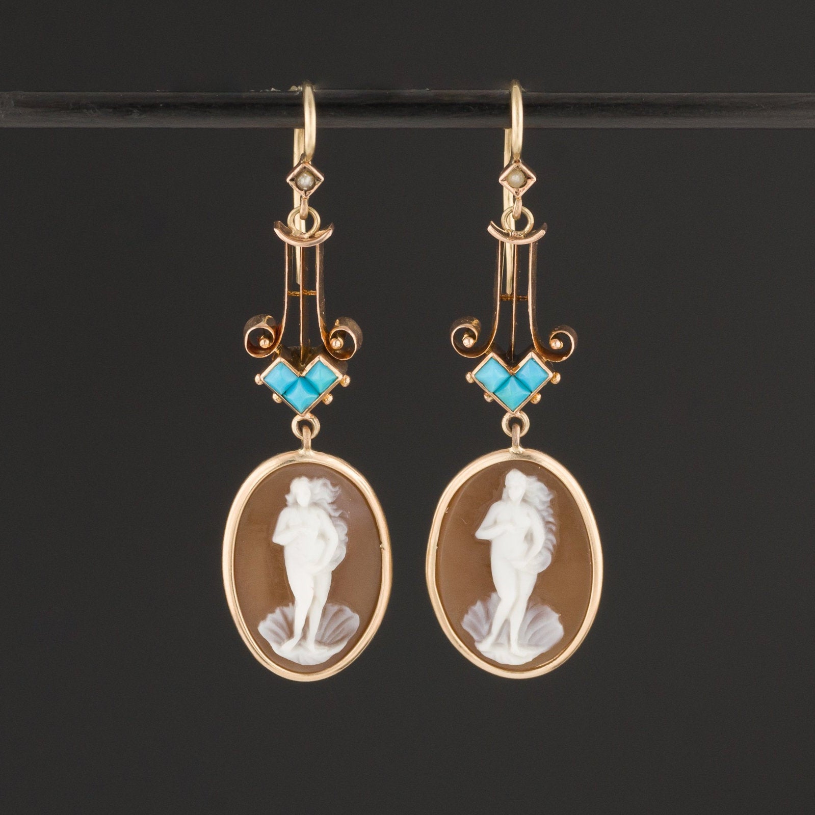 Venus Cameo Earrings | Turquoise & Carved Shell Cameo Earrings - Trademark Antiques