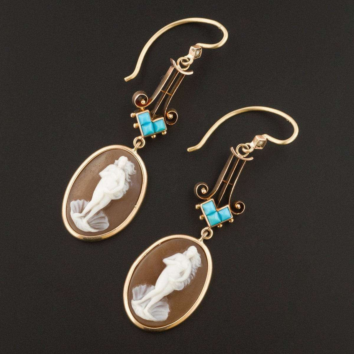 Venus Cameo Earrings | Turquoise &amp; Carved Shell Cameo Earrings - Trademark Antiques