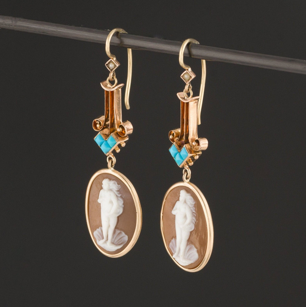 Venus Cameo Earrings | Turquoise &amp; Carved Shell Cameo Earrings - Trademark Antiques