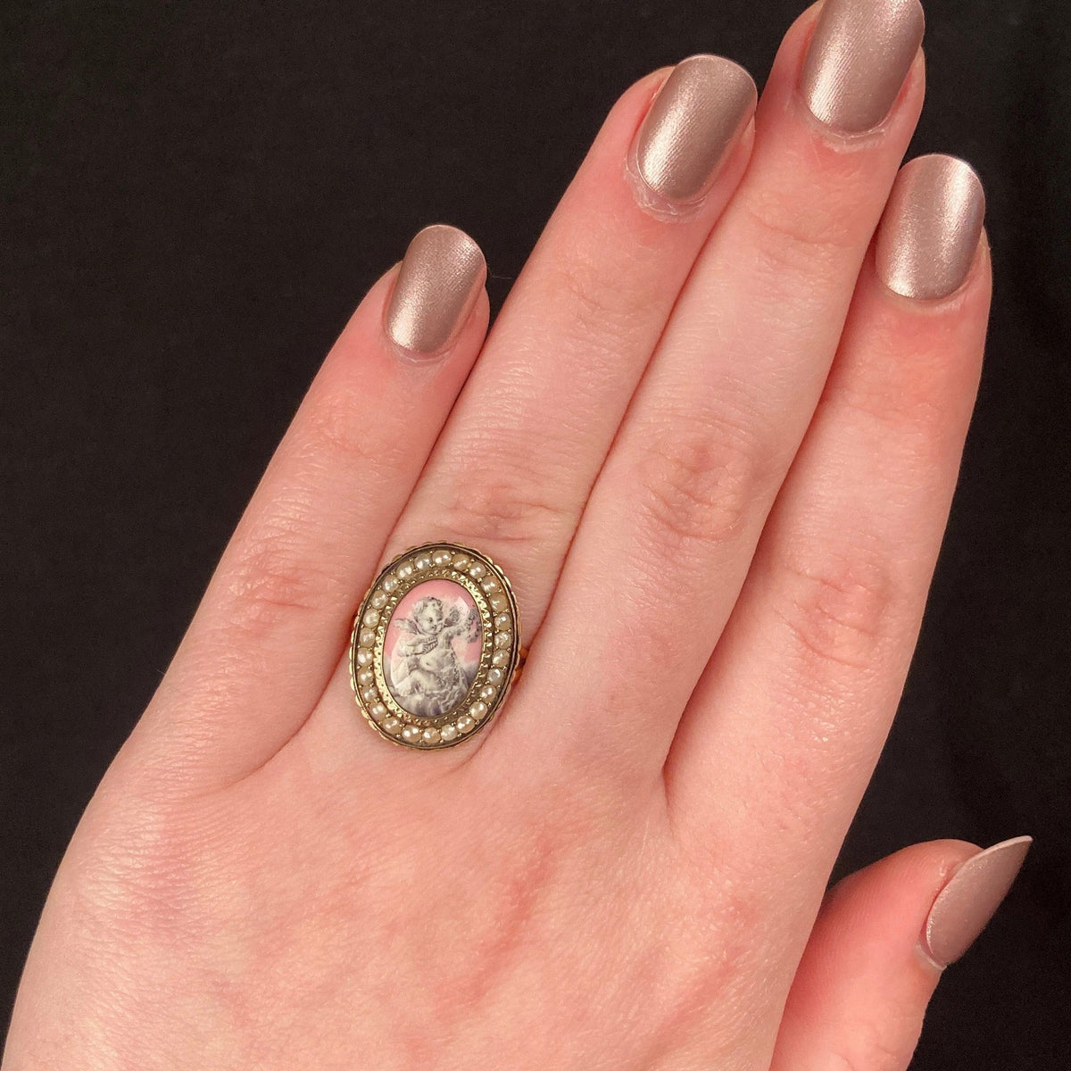 Victorian Enamel Cherub Ring of 18k Gold - Trademark Antiques