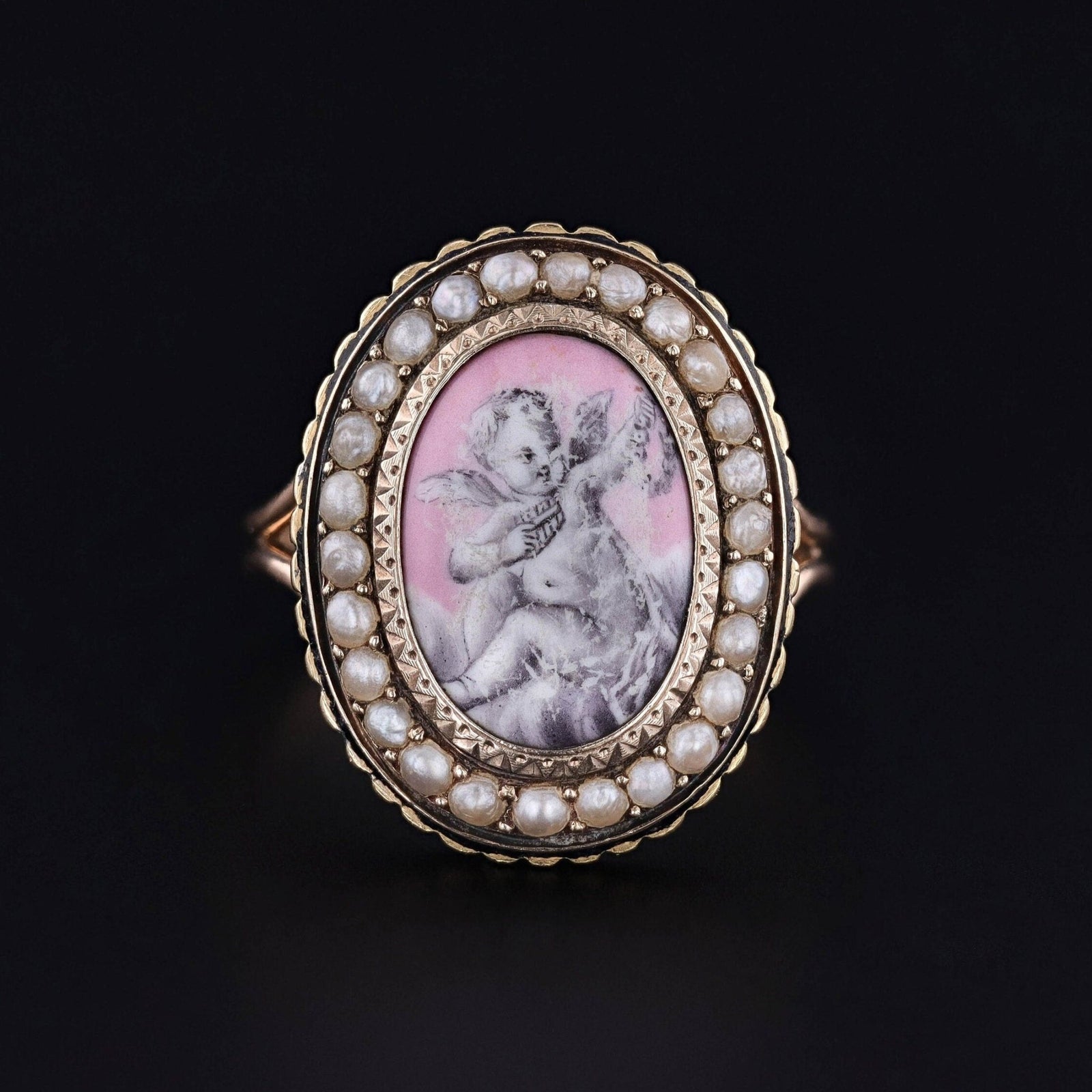 Victorian Enamel Cherub Ring of 18k Gold - Trademark Antiques
