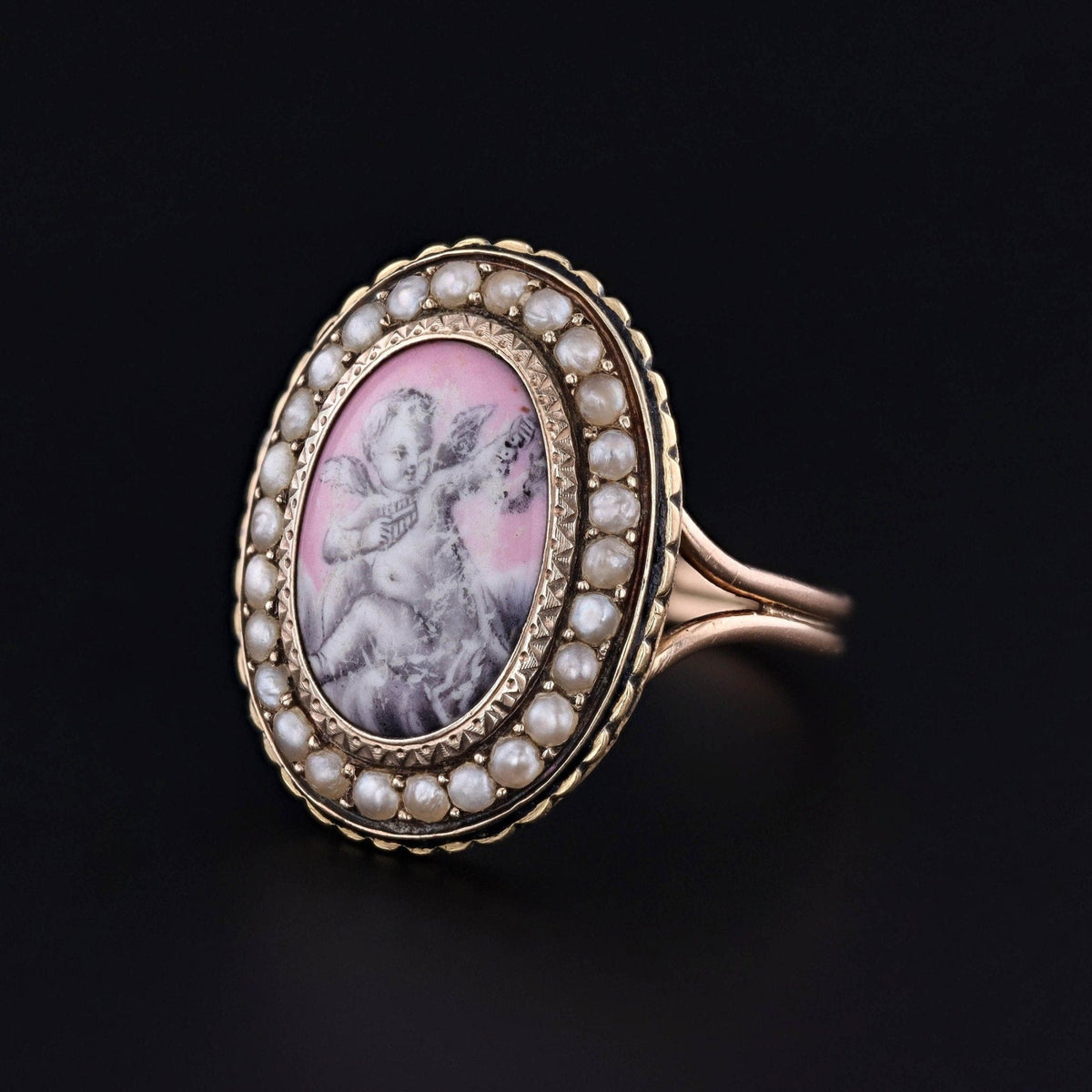 Victorian Enamel Cherub Ring of 18k Gold - Trademark Antiques