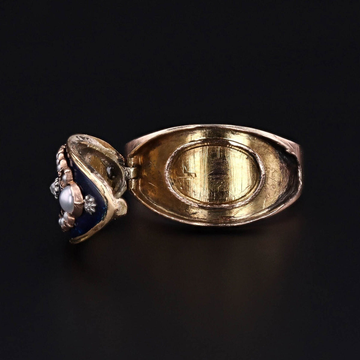 Victorian Enamel Locket Ring of 10k Gold - Trademark Antiques