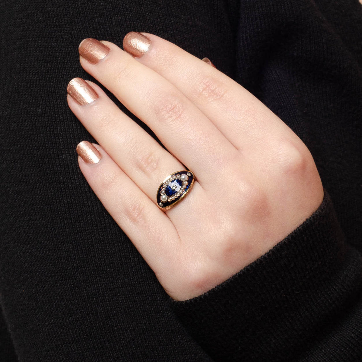 Victorian Enamel Locket Ring of 10k Gold - Trademark Antiques