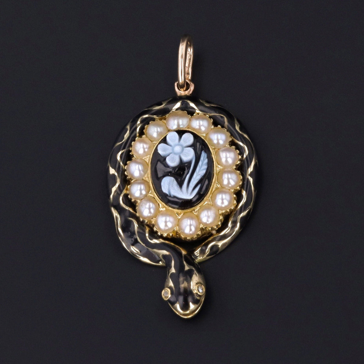 Victorian Enamel Snake Mourning Pendant of 14k Gold - Trademark Antiques