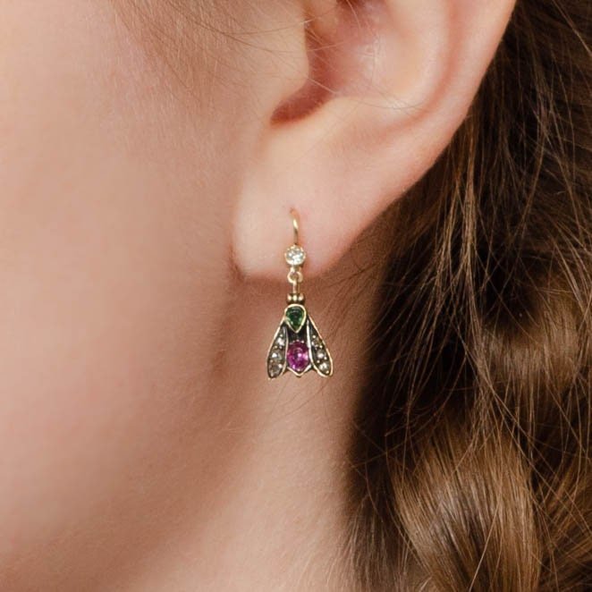 Victorian Gemstone Insect Conversion Earrings of 14k Gold - Trademark Antiques