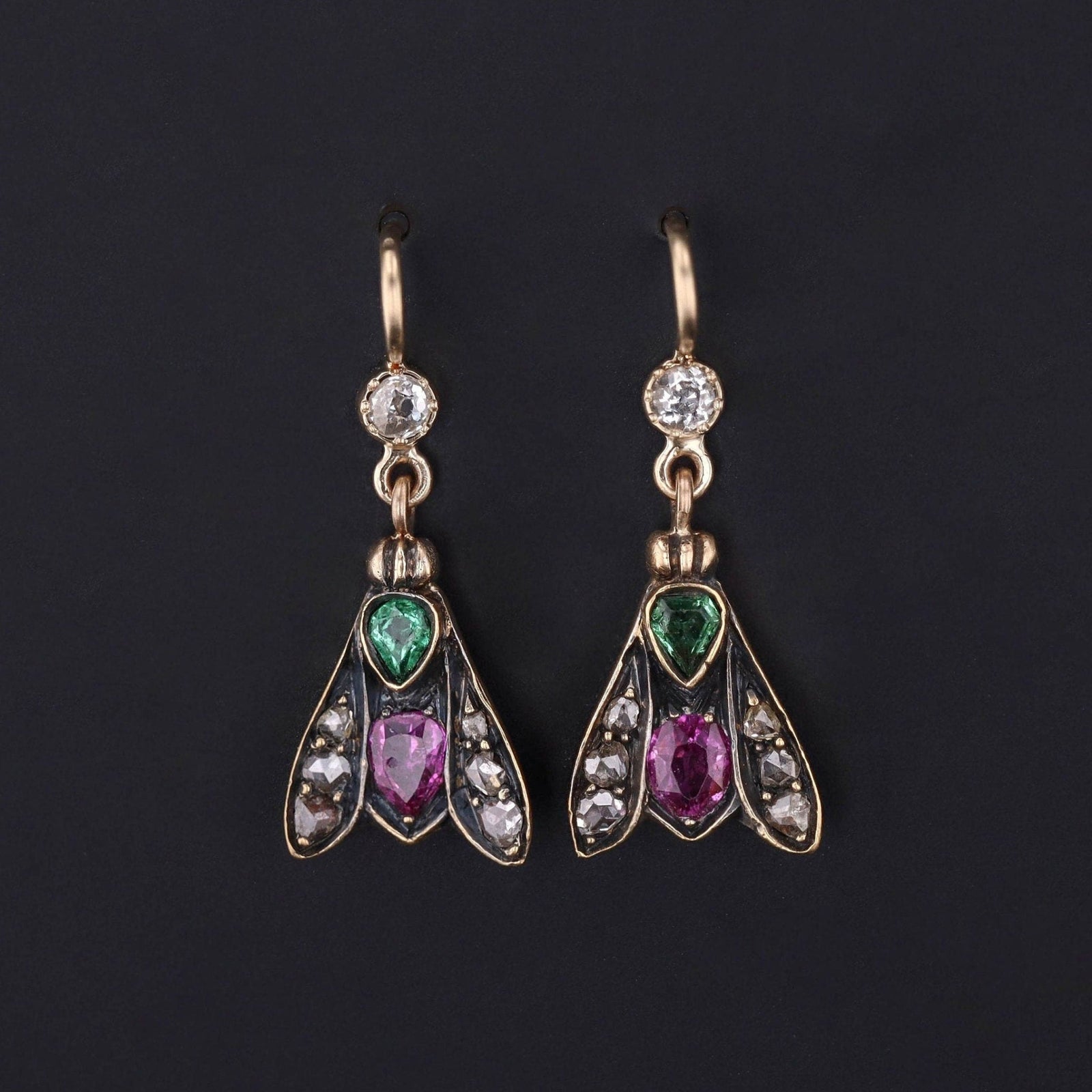 Victorian Gemstone Insect Conversion Earrings of 14k Gold - Trademark Antiques