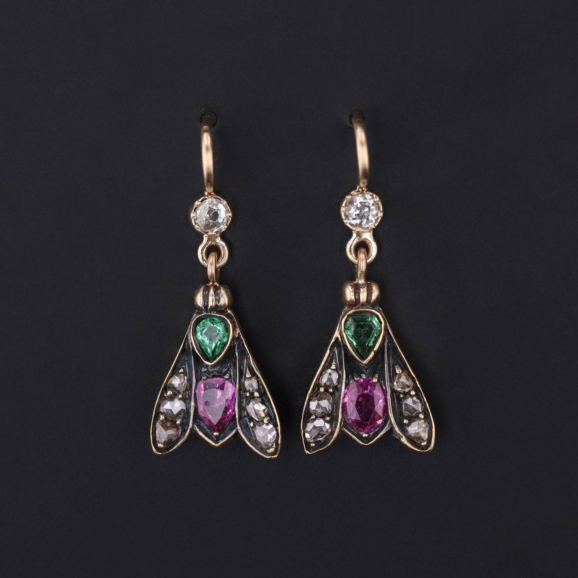 Victorian Gemstone Insect Conversion Earrings of 14k Gold - Trademark Antiques