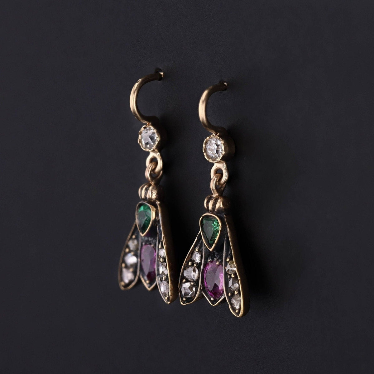 Victorian Gemstone Insect Conversion Earrings of 14k Gold - Trademark Antiques