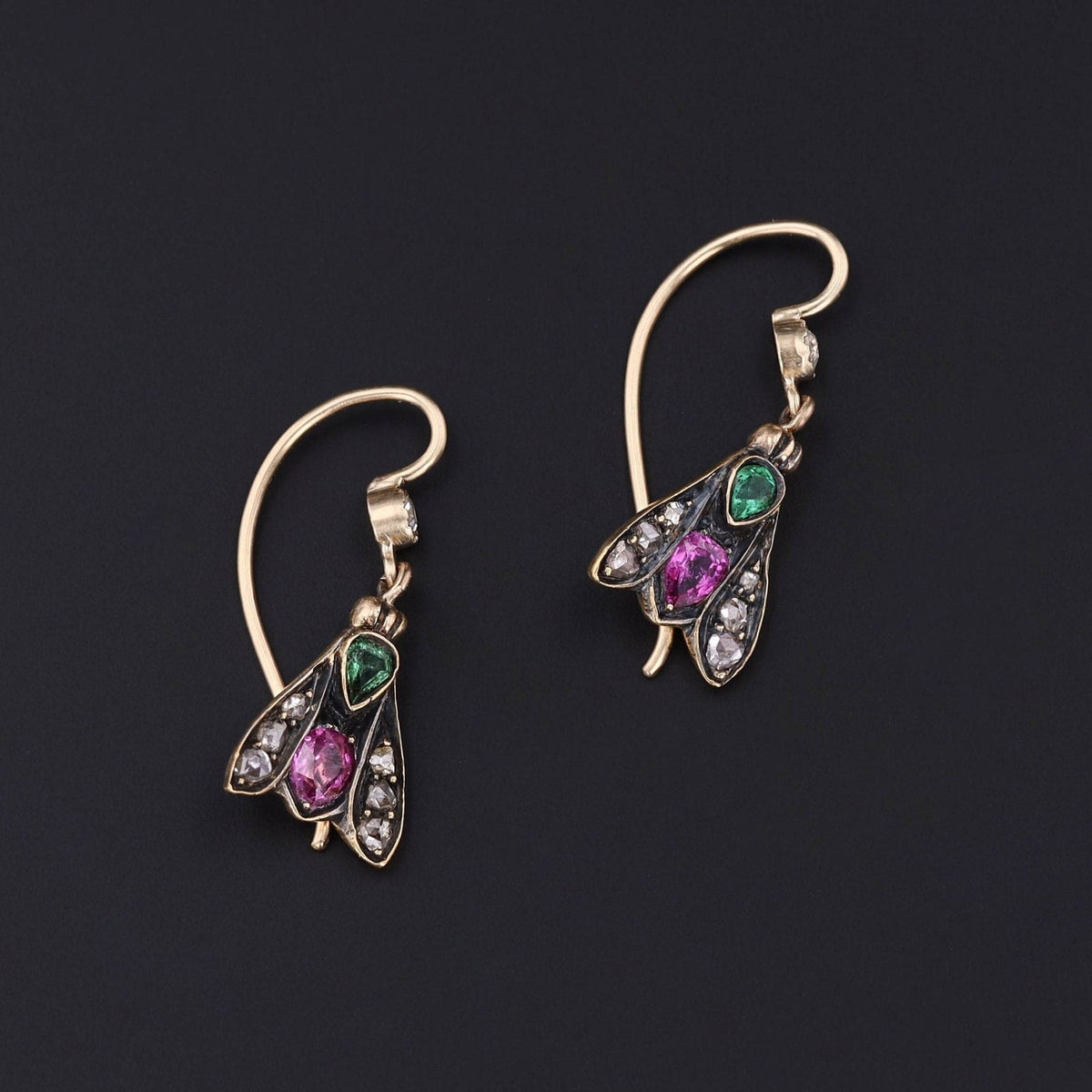 Victorian Gemstone Insect Conversion Earrings of 14k Gold - Trademark Antiques