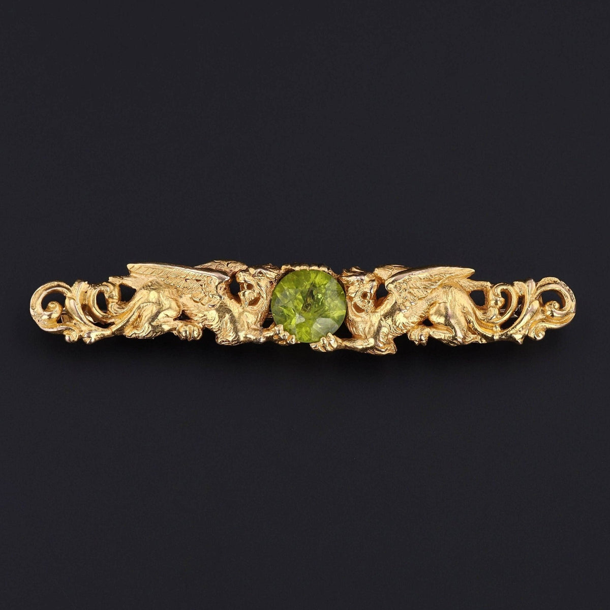 Victorian Griffin and Green Zircon Brooch of 18k Gold - Trademark Antiques