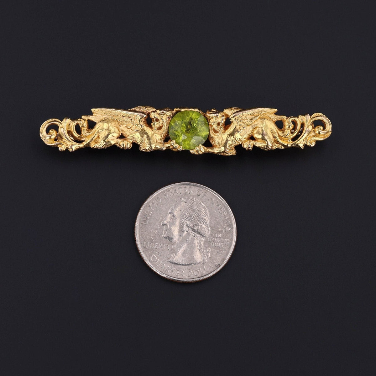 Victorian Griffin and Green Zircon Brooch of 18k Gold - Trademark Antiques