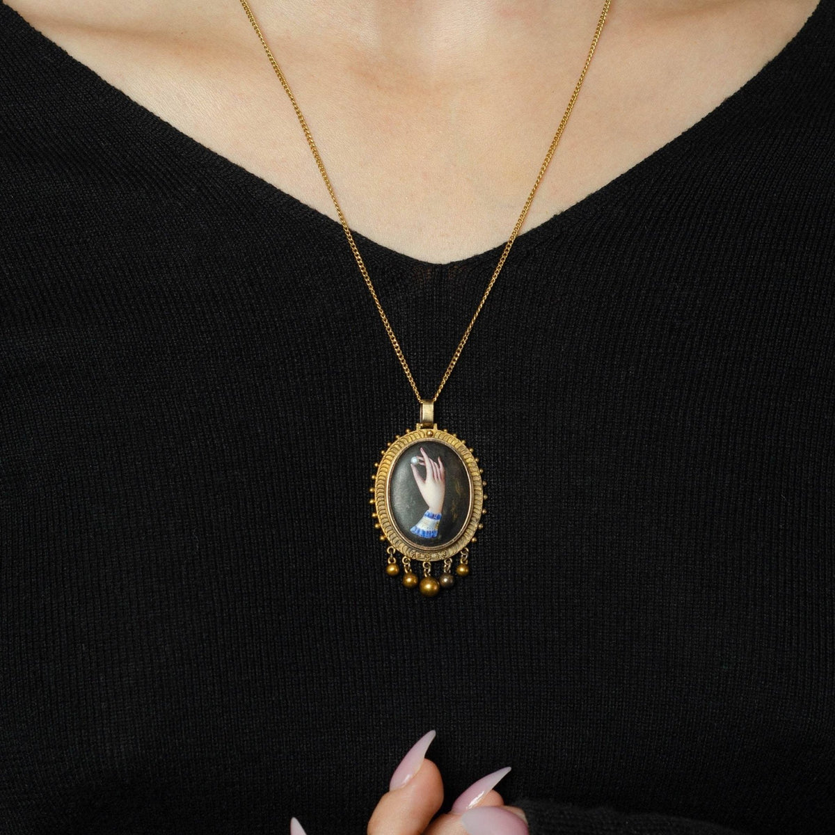 Victorian Hand Holding Pearl Pendant | Antique Pin Conversion - Trademark Antiques