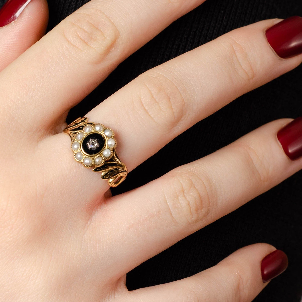 Victorian Mourning Ring | Antique Pearl &amp; Black Enamel Ring - Trademark Antiques