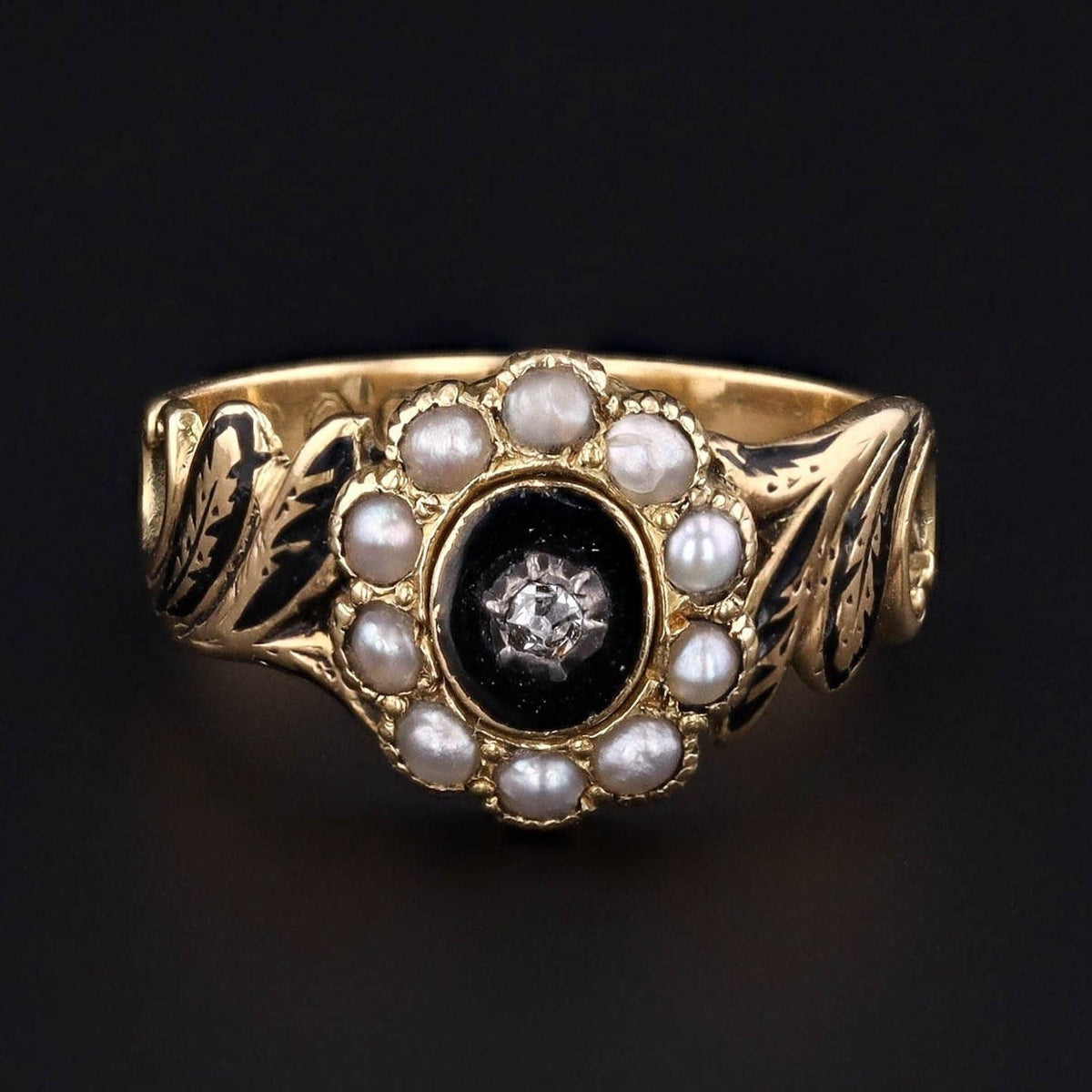 Victorian Mourning Ring | Antique Pearl &amp; Black Enamel Ring - Trademark Antiques