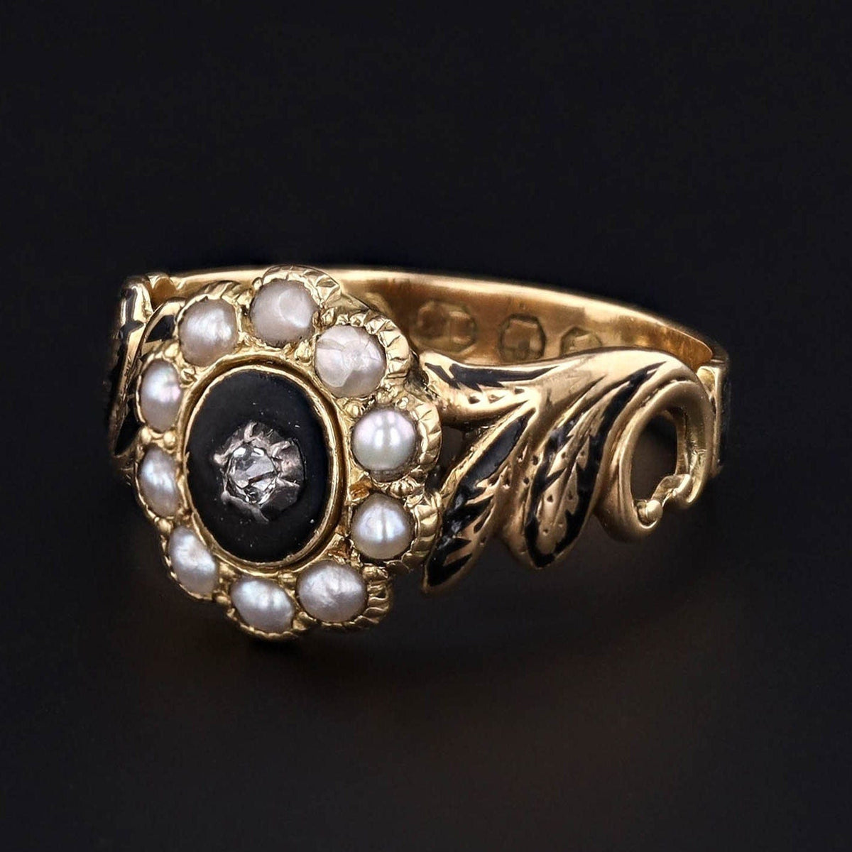 Victorian Mourning Ring | Antique Pearl &amp; Black Enamel Ring - Trademark Antiques