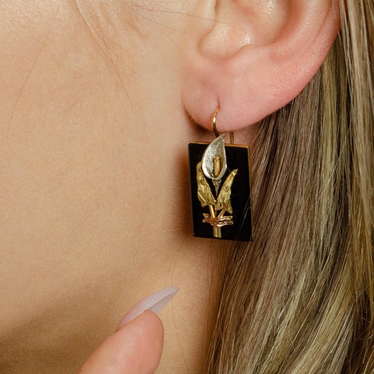 Victorian Onyx Earrings | Calla Lily Earrings - Trademark Antiques