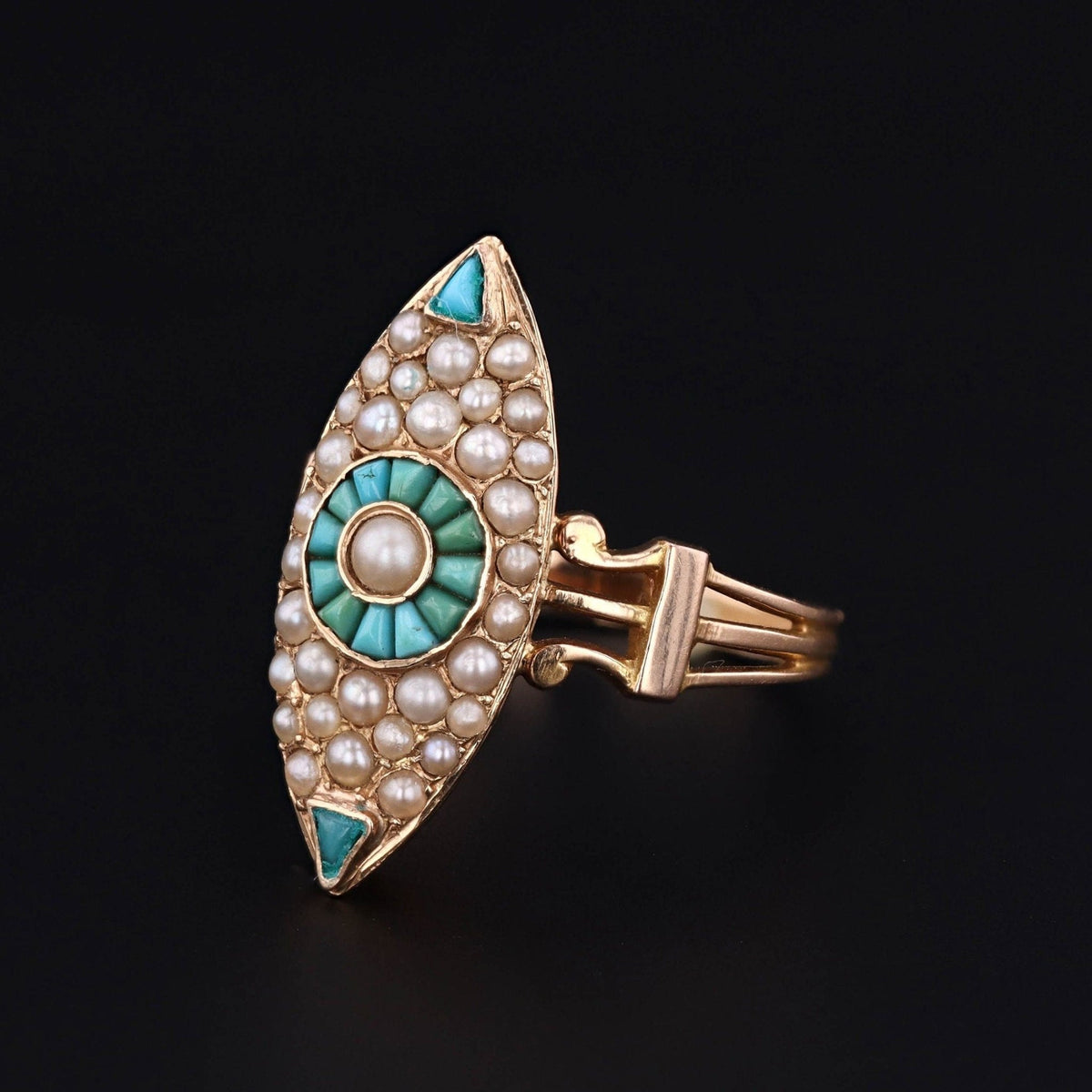 Victorian Pearl and Turquoise Navette Ring of 14k Gold - Trademark Antiques