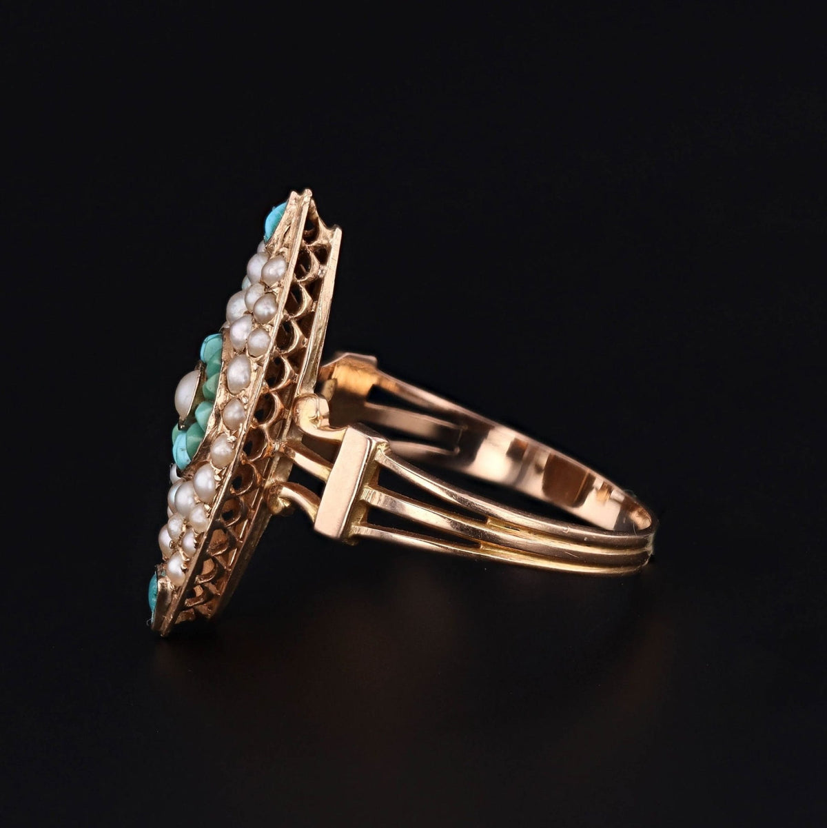 Victorian Pearl and Turquoise Navette Ring of 14k Gold - Trademark Antiques