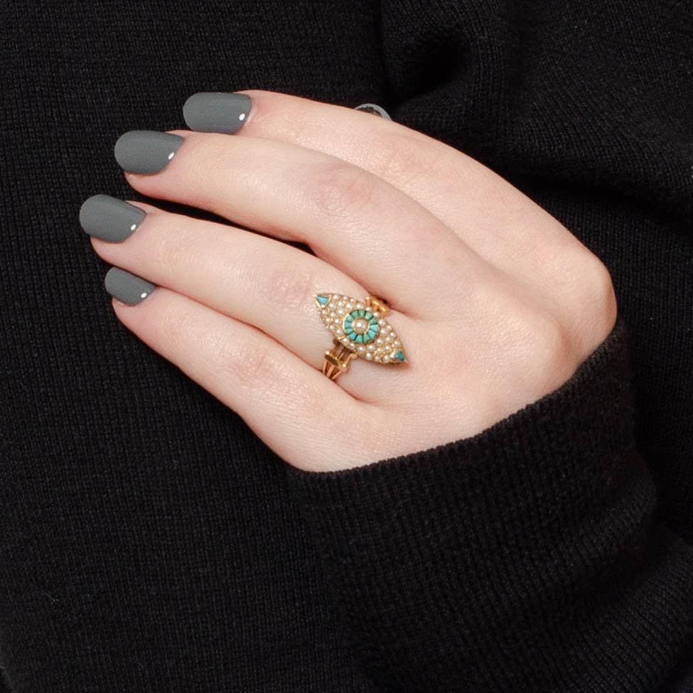 Victorian Pearl and Turquoise Navette Ring of 14k Gold - Trademark Antiques