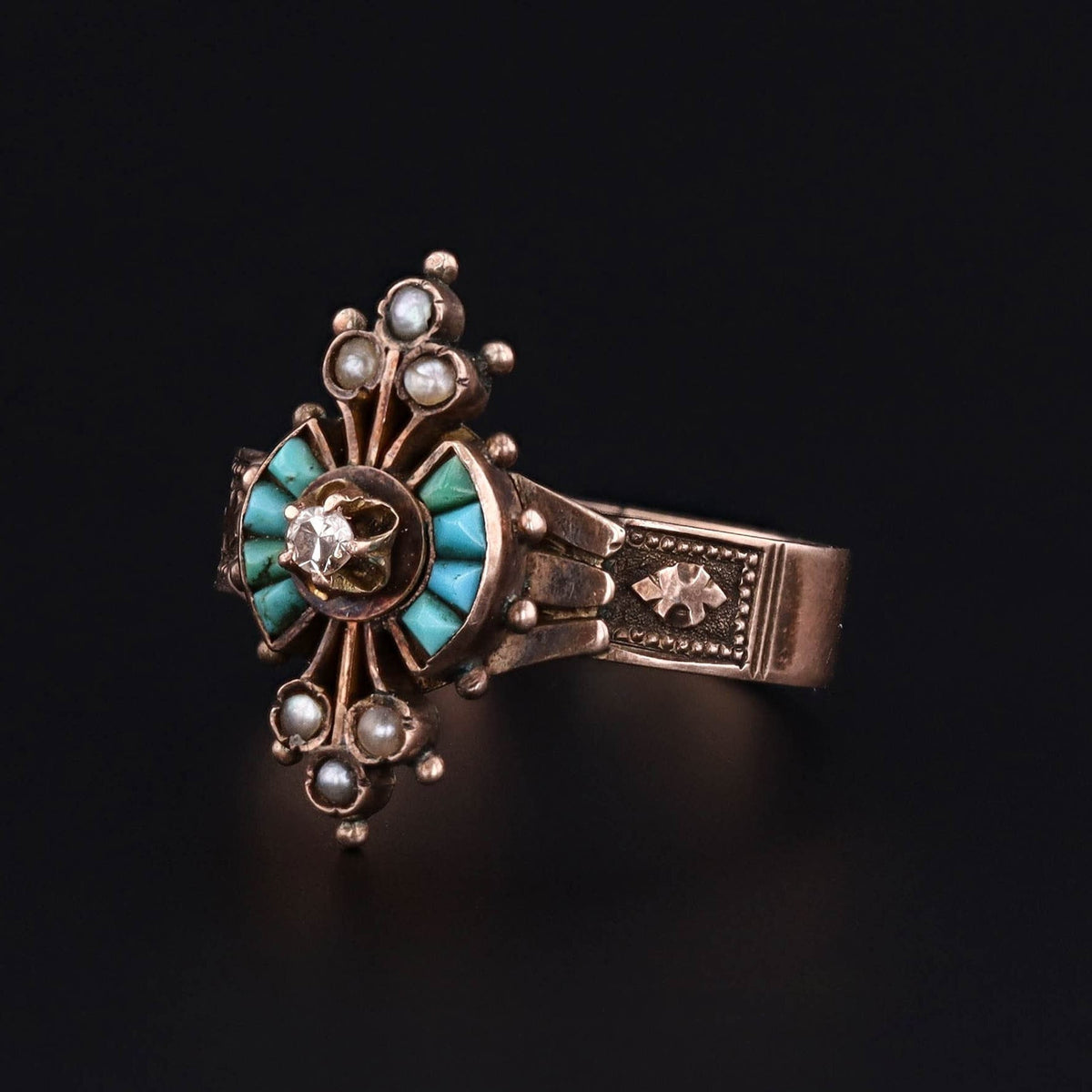 Victorian Ring | 10k Gold, Turquoise, Pearl &amp; Diamond Ring - Trademark Antiques