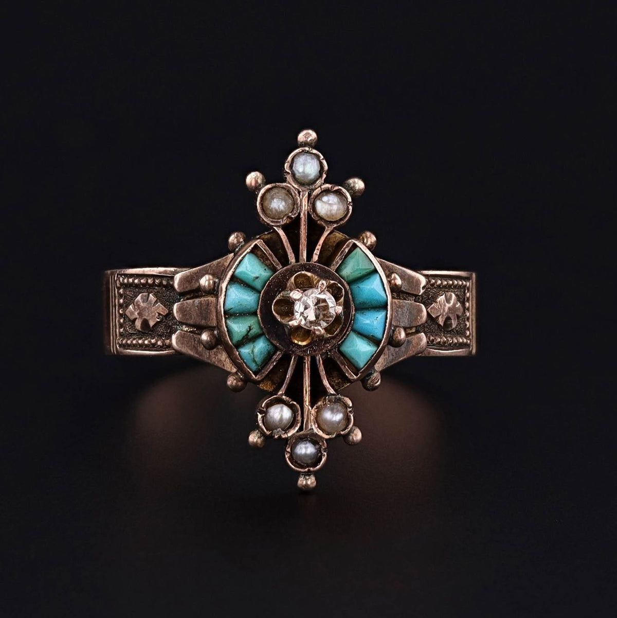 Victorian Ring | 10k Gold, Turquoise, Pearl &amp; Diamond Ring - Trademark Antiques
