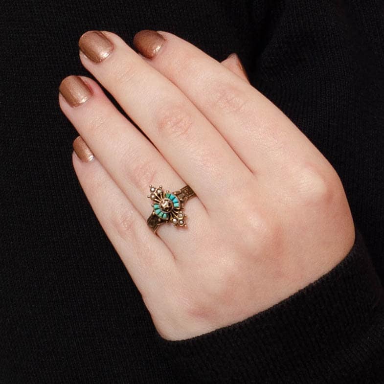 Victorian Ring | 10k Gold, Turquoise, Pearl &amp; Diamond Ring - Trademark Antiques