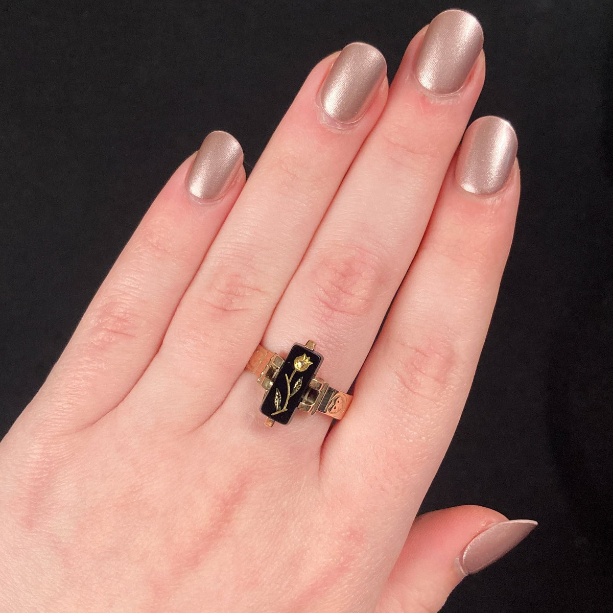 Victorian Rose of Sharon Onyx Ring of 10k Gold - Trademark Antiques