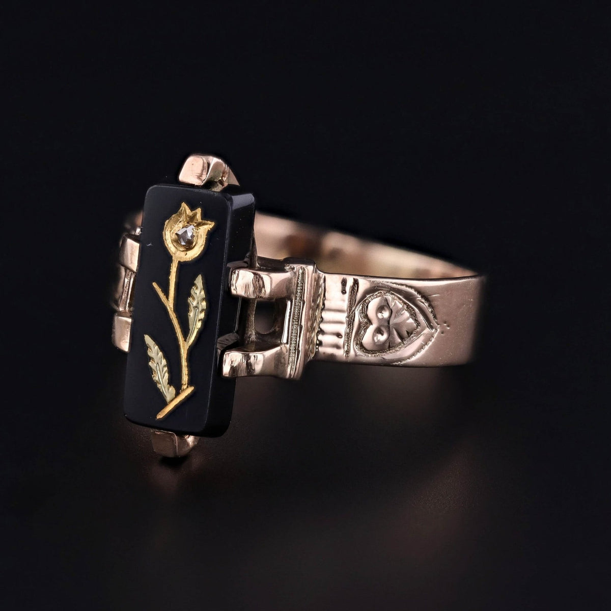 Victorian Rose of Sharon Onyx Ring of 10k Gold - Trademark Antiques