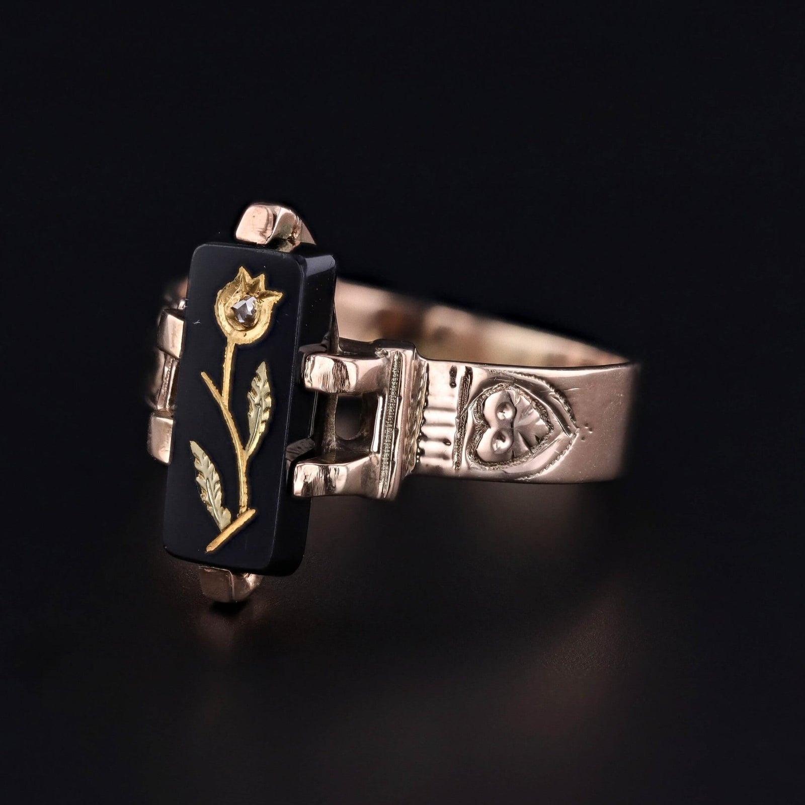 Victorian Rose of Sharon Onyx Ring of 10k Gold - Trademark Antiques