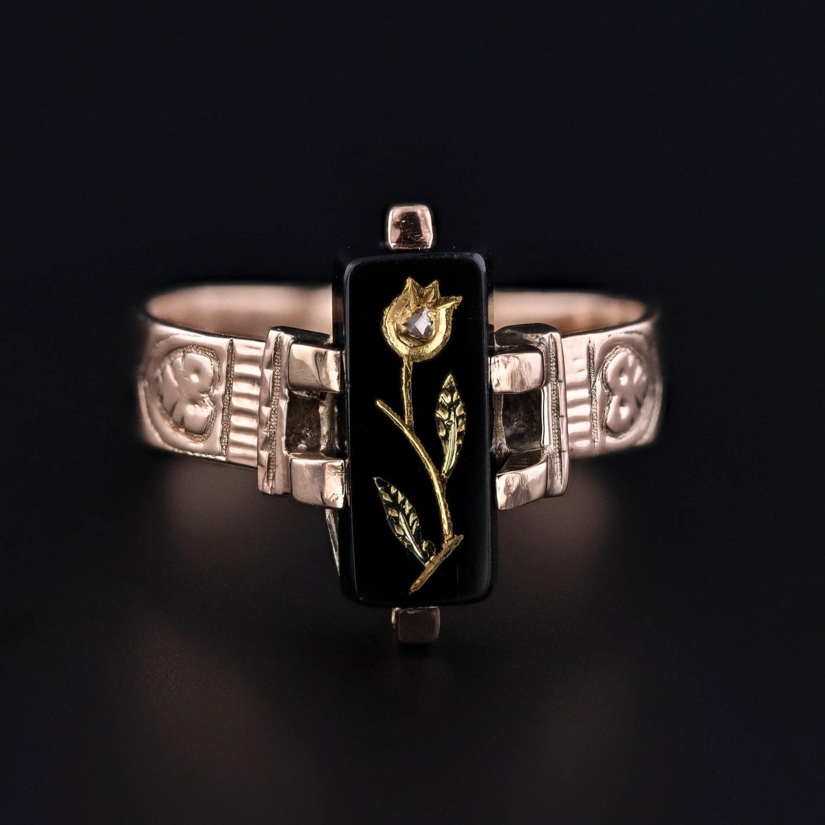 Victorian Rose of Sharon Onyx Ring of 10k Gold - Trademark Antiques