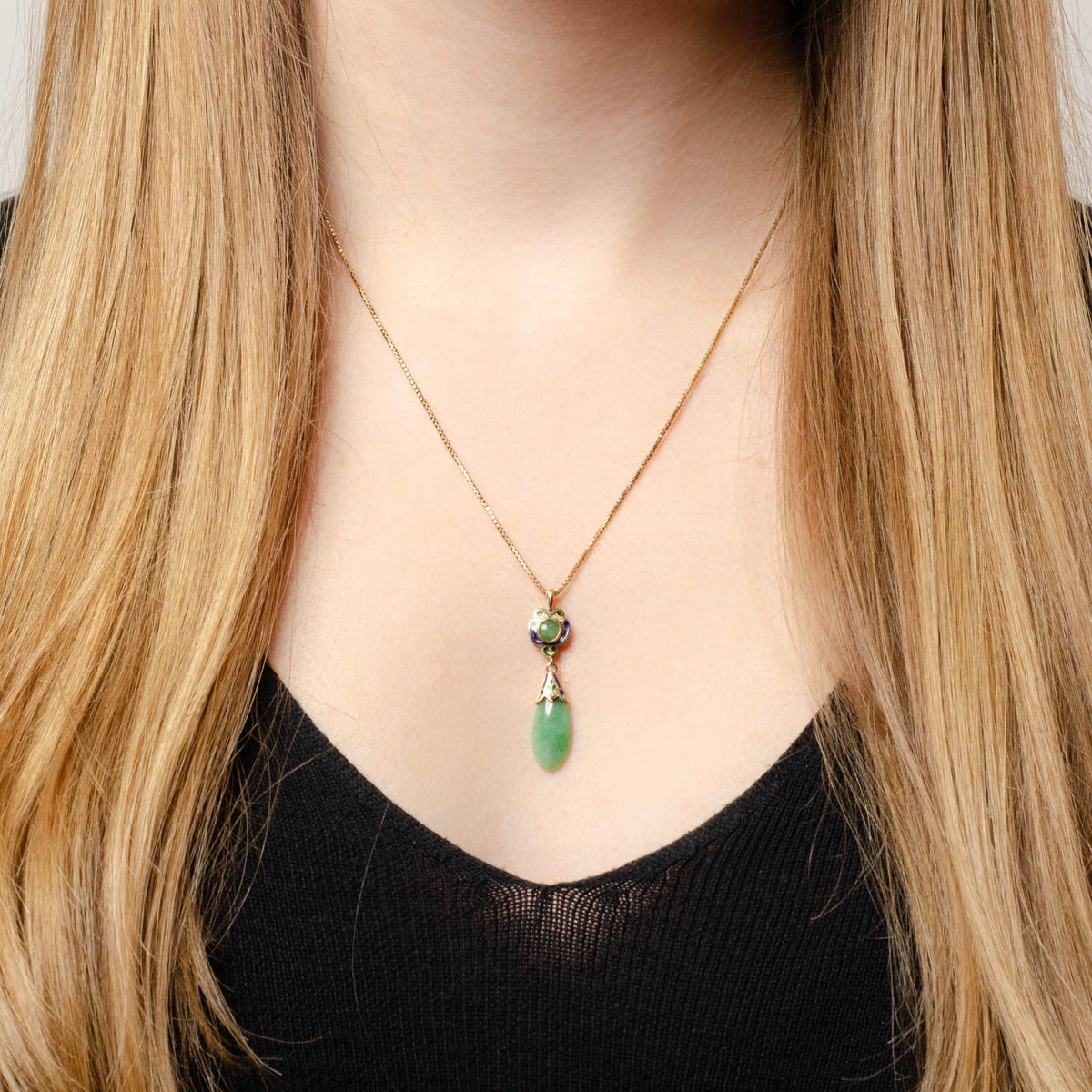 Vintage 14k Gold Jade and Enamel Pendant of 14k Gold - Trademark Antiques