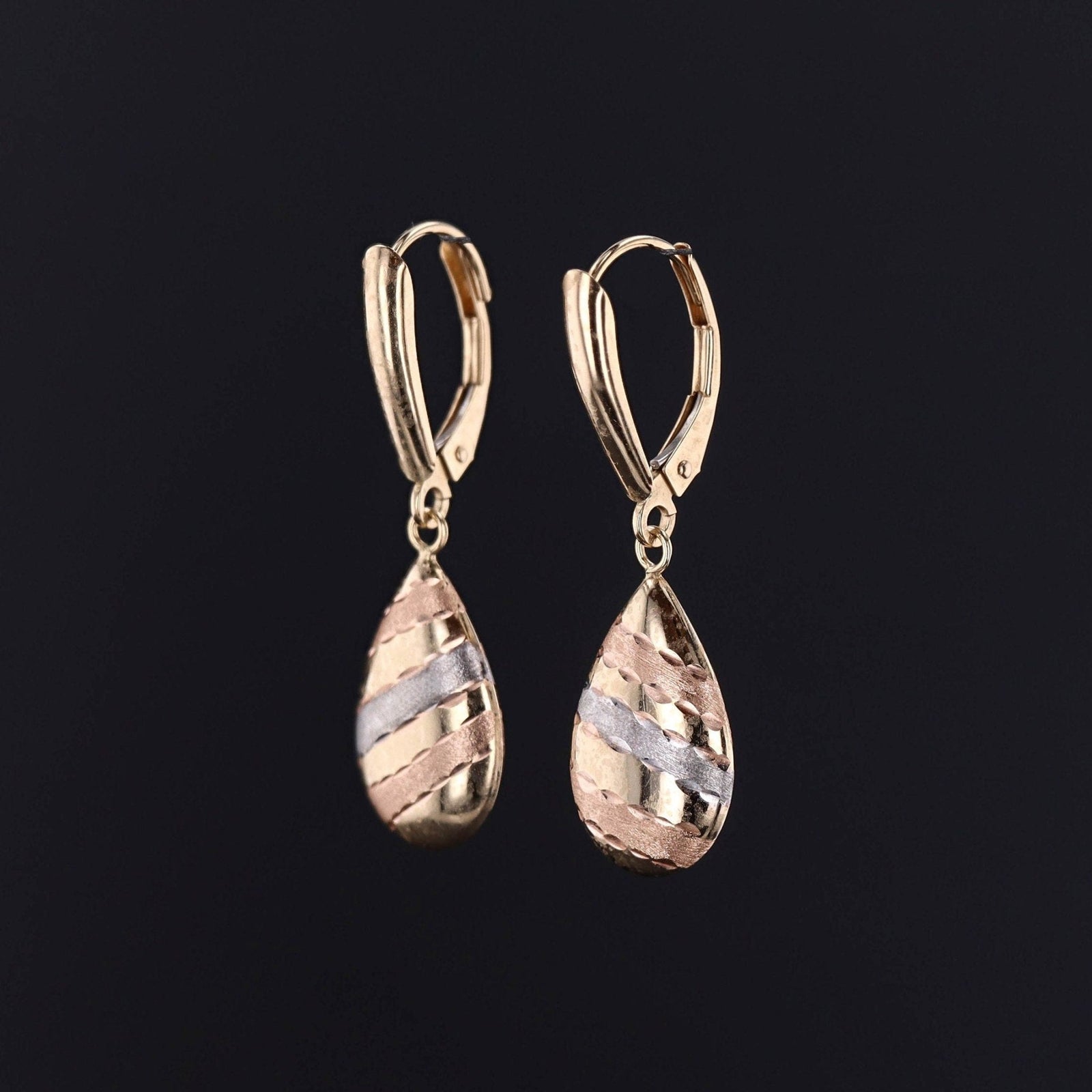 Vintage 14k Tri - Color Gold Drop Earrings circa 1980 - Trademark Antiques