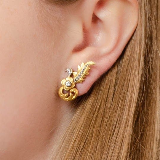Vintage 18k Gold &amp; Diamond Earrings | French Earrings - Trademark Antiques