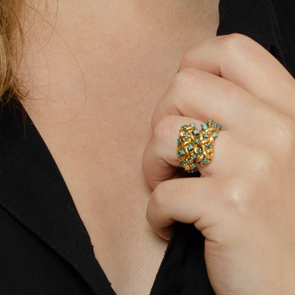 Vintage 18k Gold &amp; Turquoise Bypass Ring | Vintage Statement Ring - Trademark Antiques