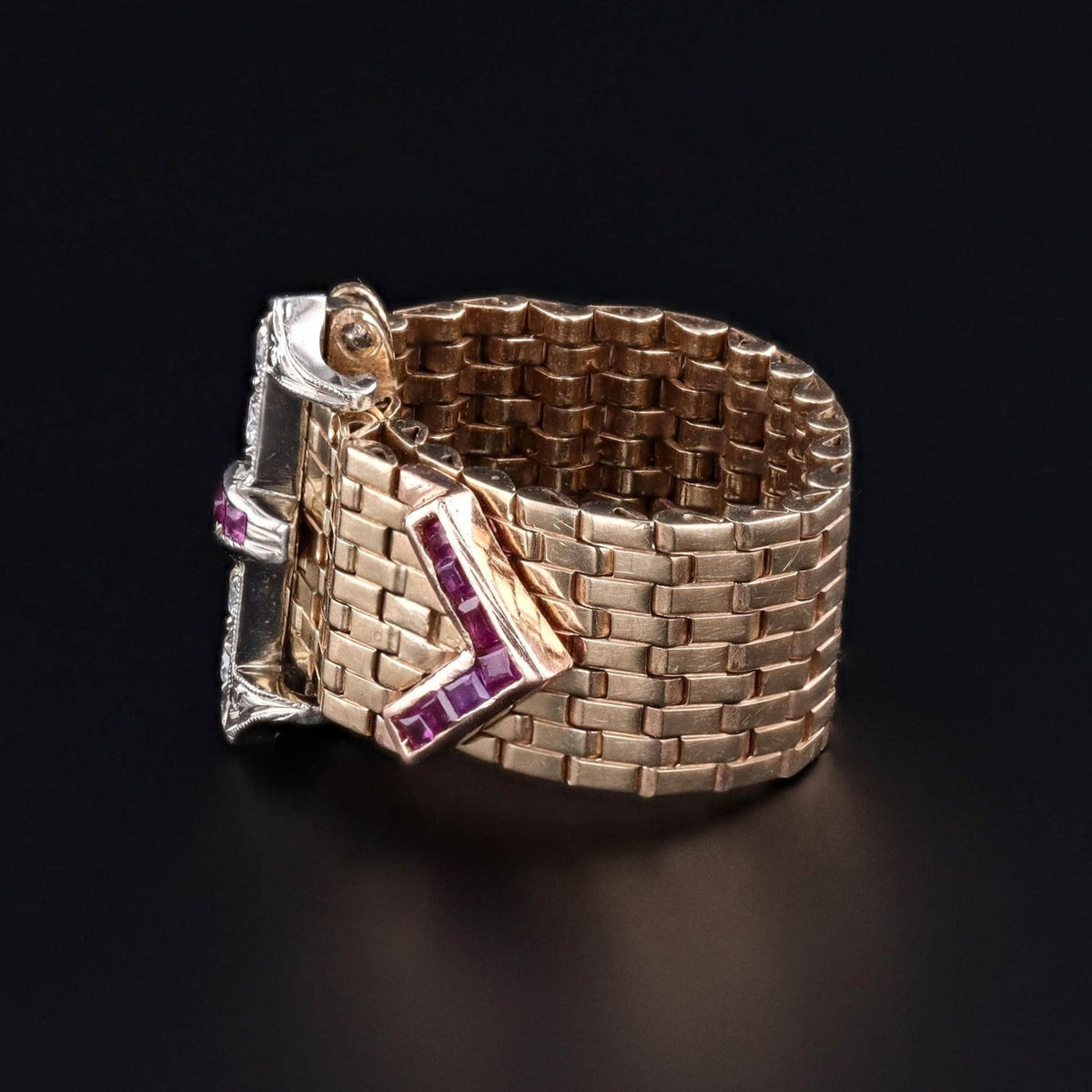 Vintage Adjustable Ruby &amp; Diamond Buckle Ring of 14k Gold - Trademark Antiques