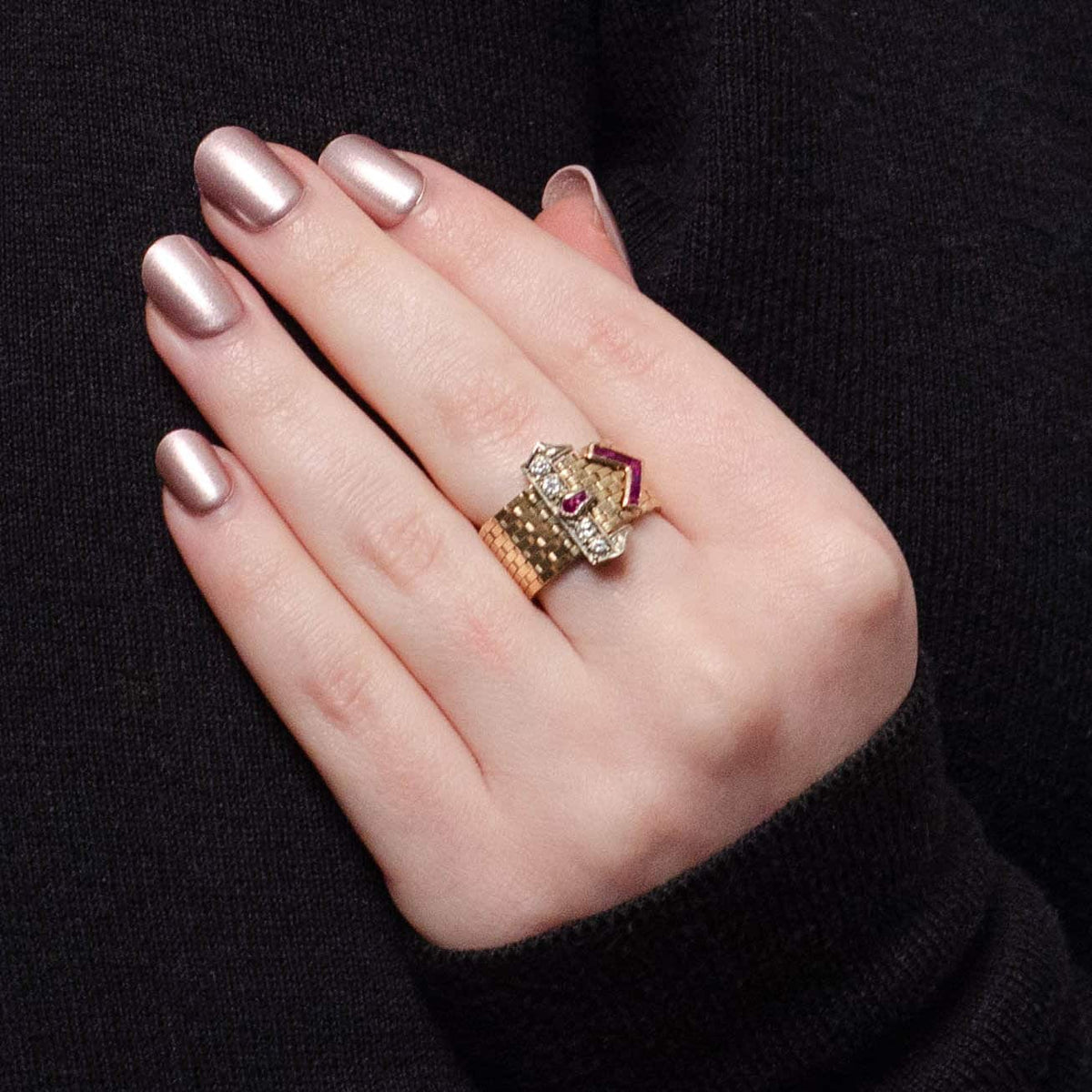 Vintage Adjustable Ruby &amp; Diamond Buckle Ring of 14k Gold - Trademark Antiques