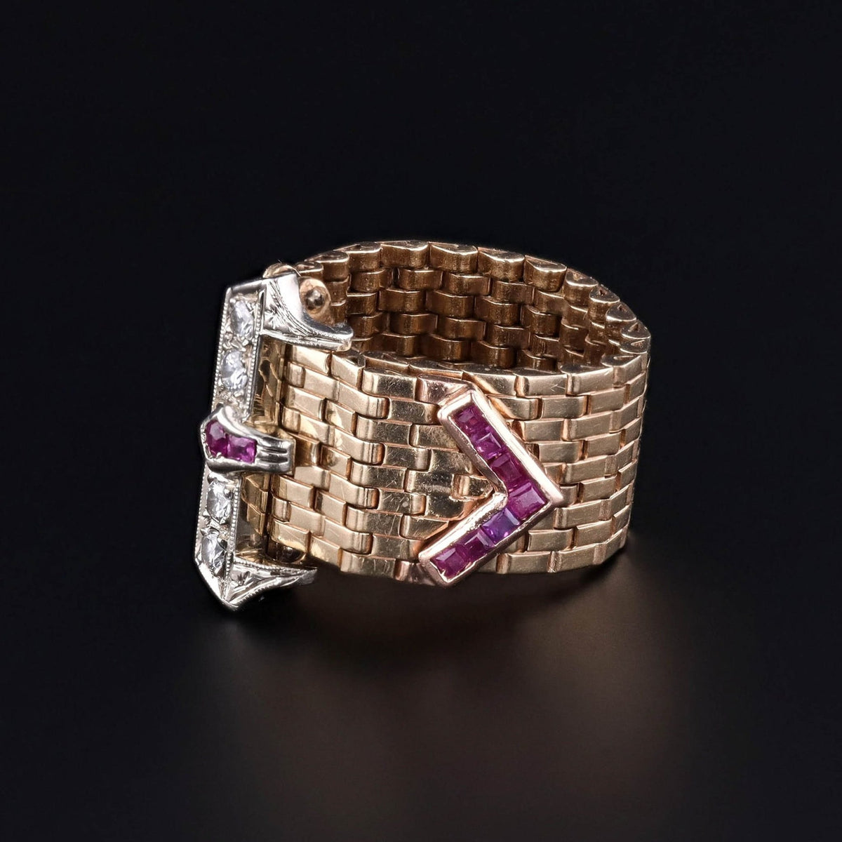 Vintage Adjustable Ruby &amp; Diamond Buckle Ring of 14k Gold - Trademark Antiques