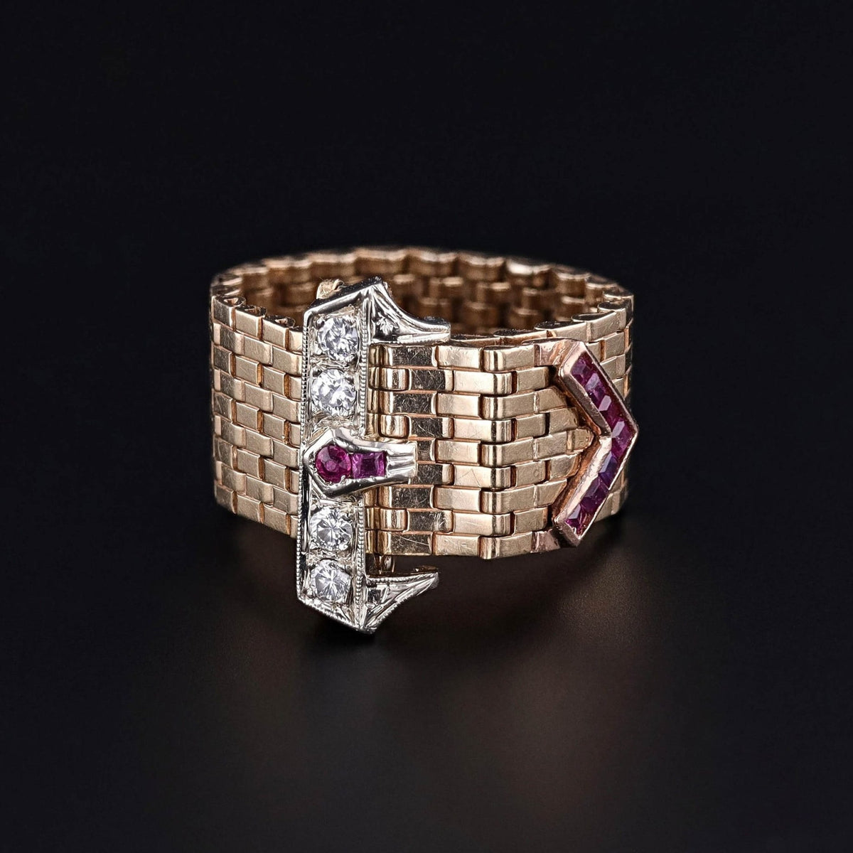 Vintage Adjustable Ruby &amp; Diamond Buckle Ring of 14k Gold - Trademark Antiques