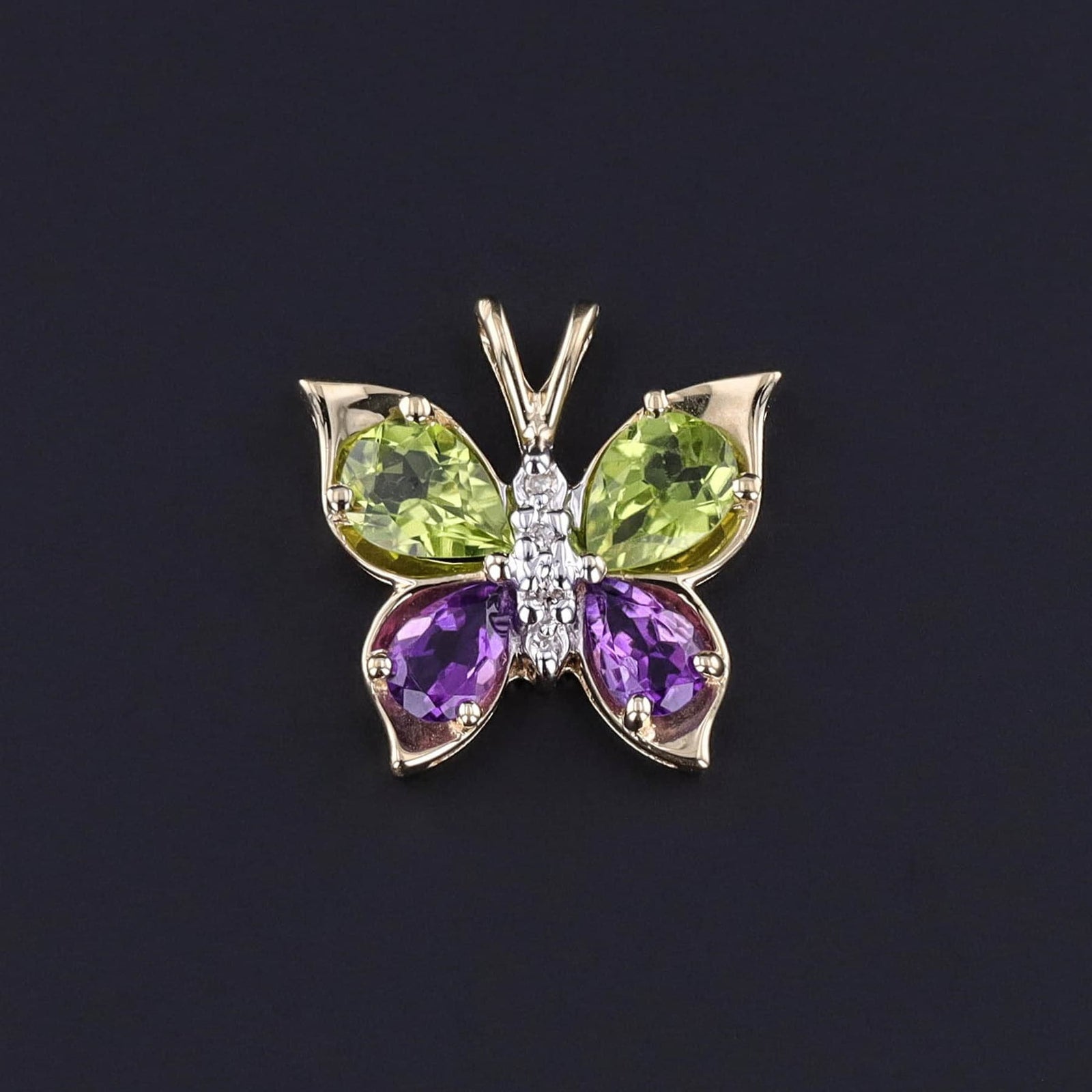 Vintage Amethyst and Peridot Butterfly Pendant of 14k Gold - Trademark Antiques