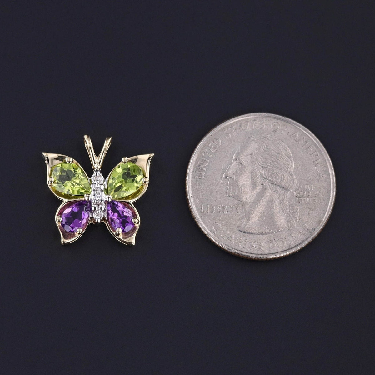 Vintage Amethyst and Peridot Butterfly Pendant of 14k Gold - Trademark Antiques
