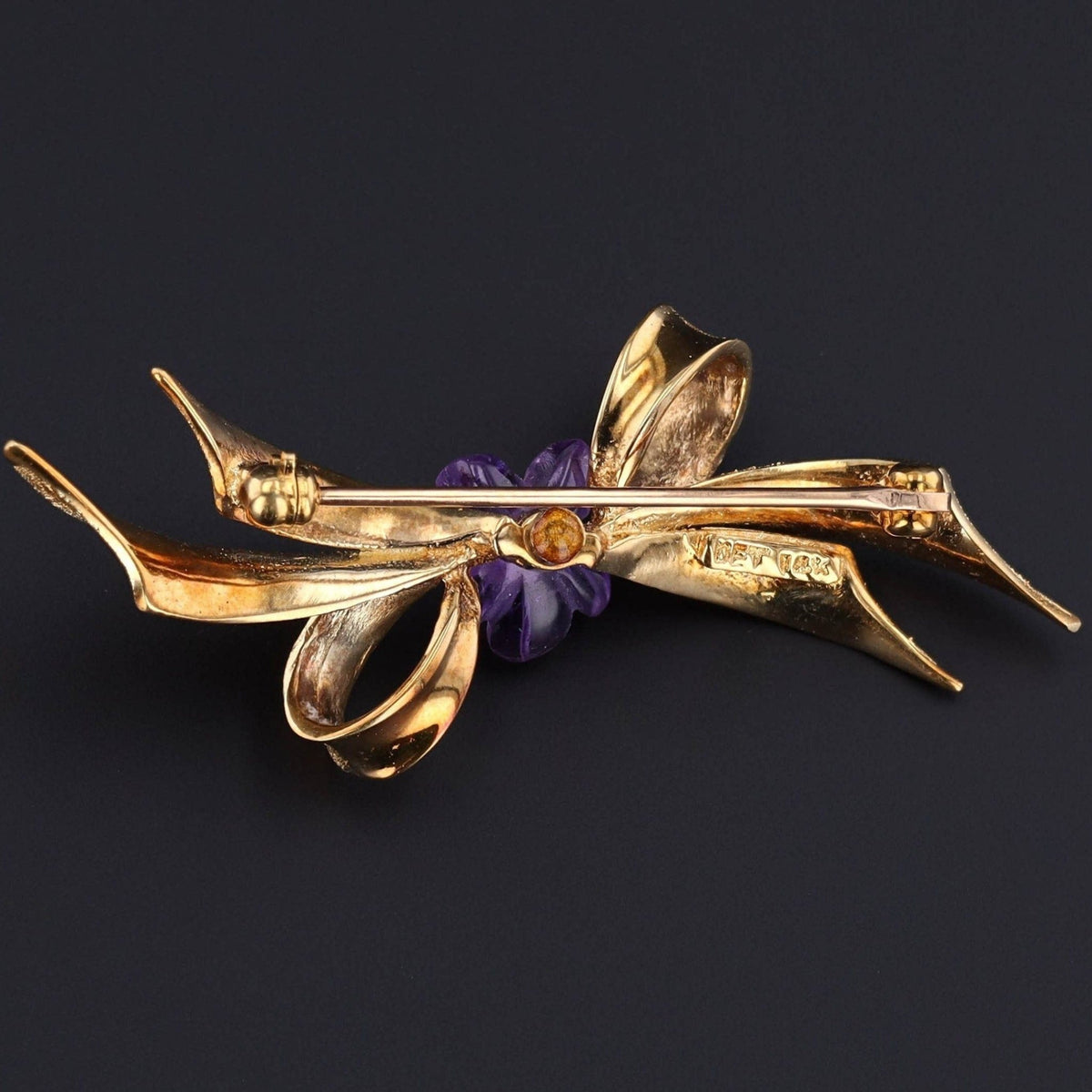 Vintage Amethyst Flower Bow Brooch of 14k Gold - Trademark Antiques